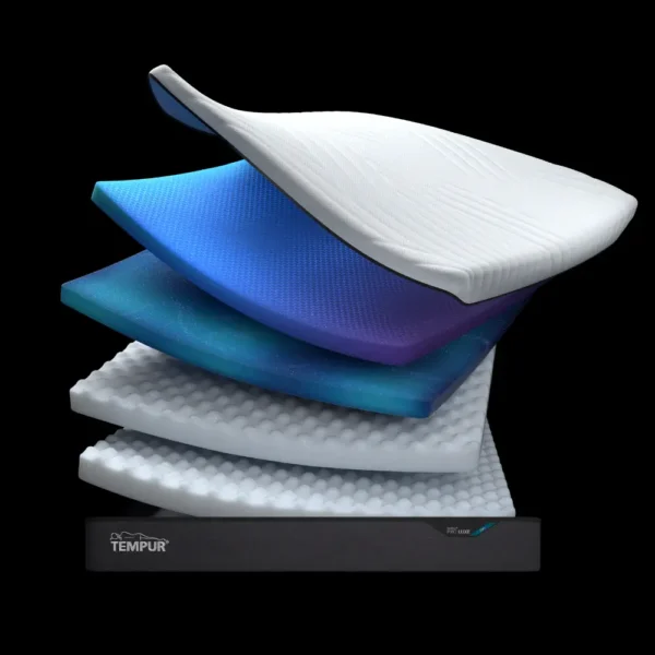 Cross-section view of TEMPUR Pro Luxe CoolQuilt mattress showing 30cm height construction and advanced foam layers